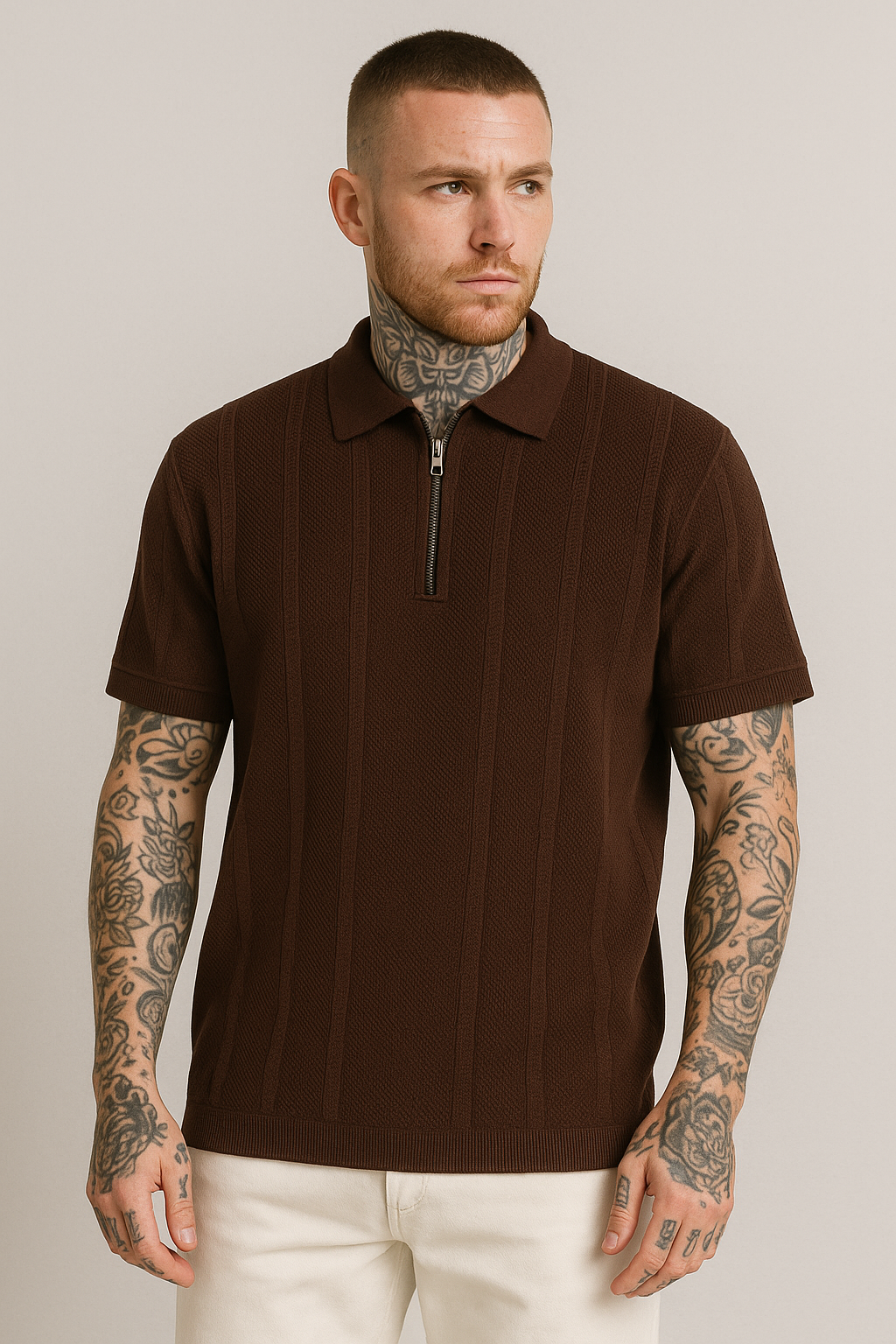 Textured Knit Polo Shirt with Zip Collar – Chocolate Brown