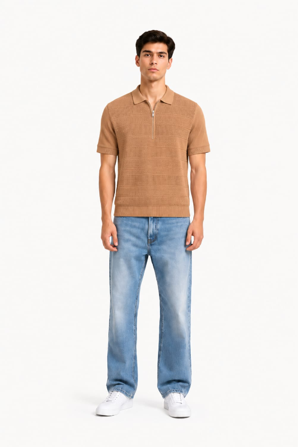 Camel Ribbed Zip Knit Polo — model full body