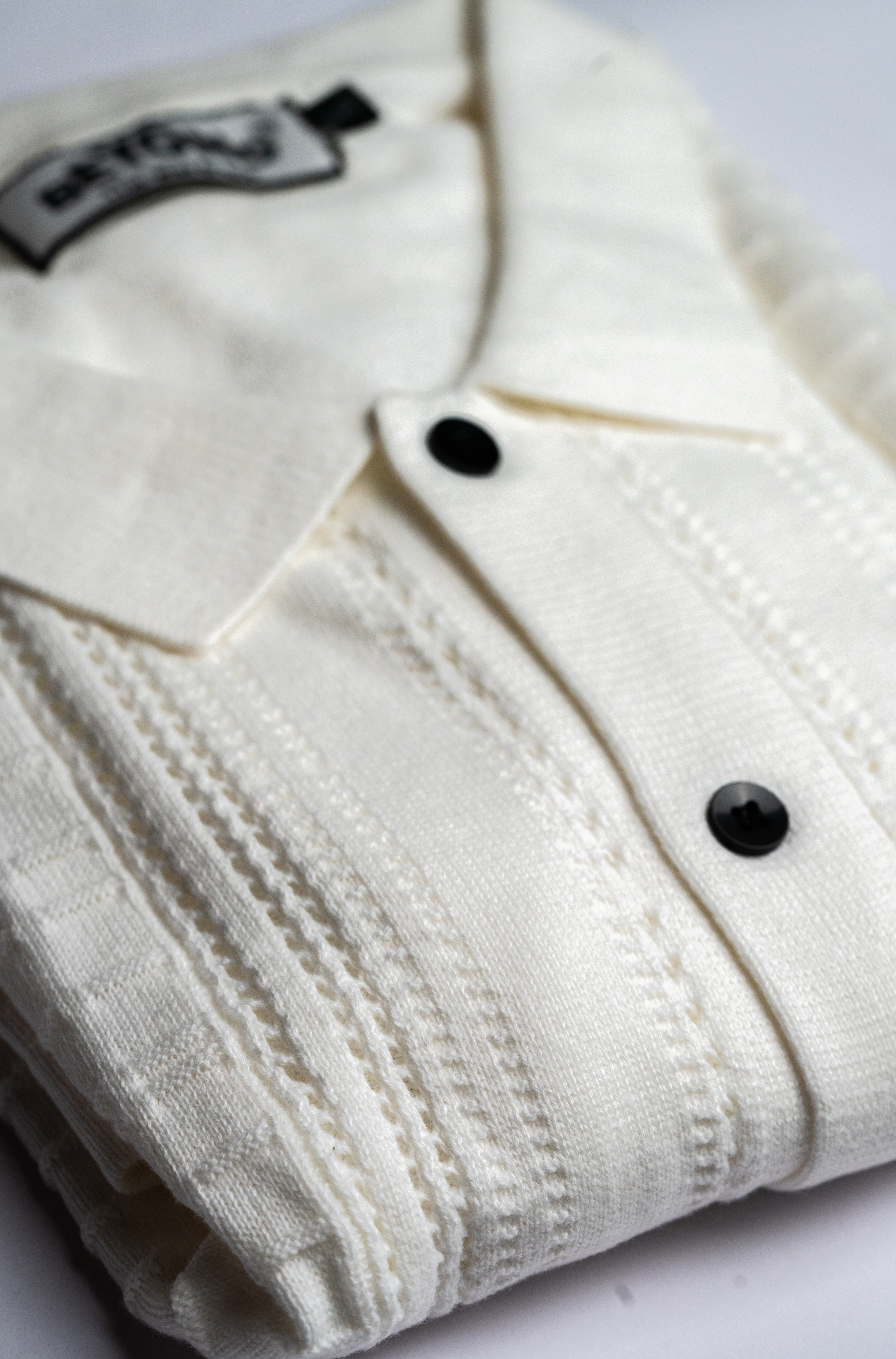 Cream Textured Knit Button-Up Polo Shirt