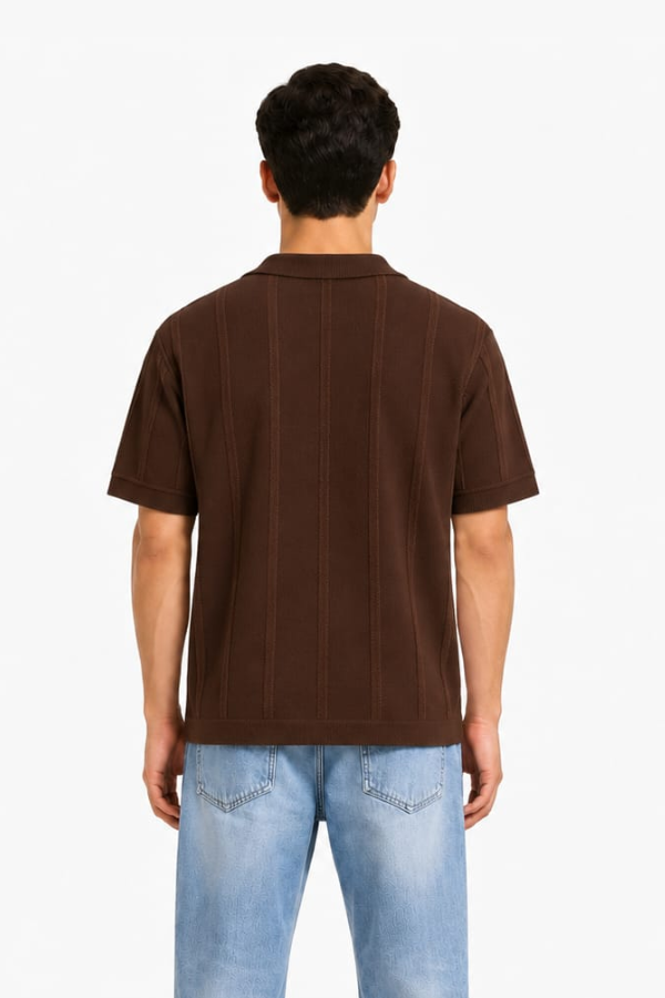 Textured Zip Knit Polo – Chocolate Brown — model back