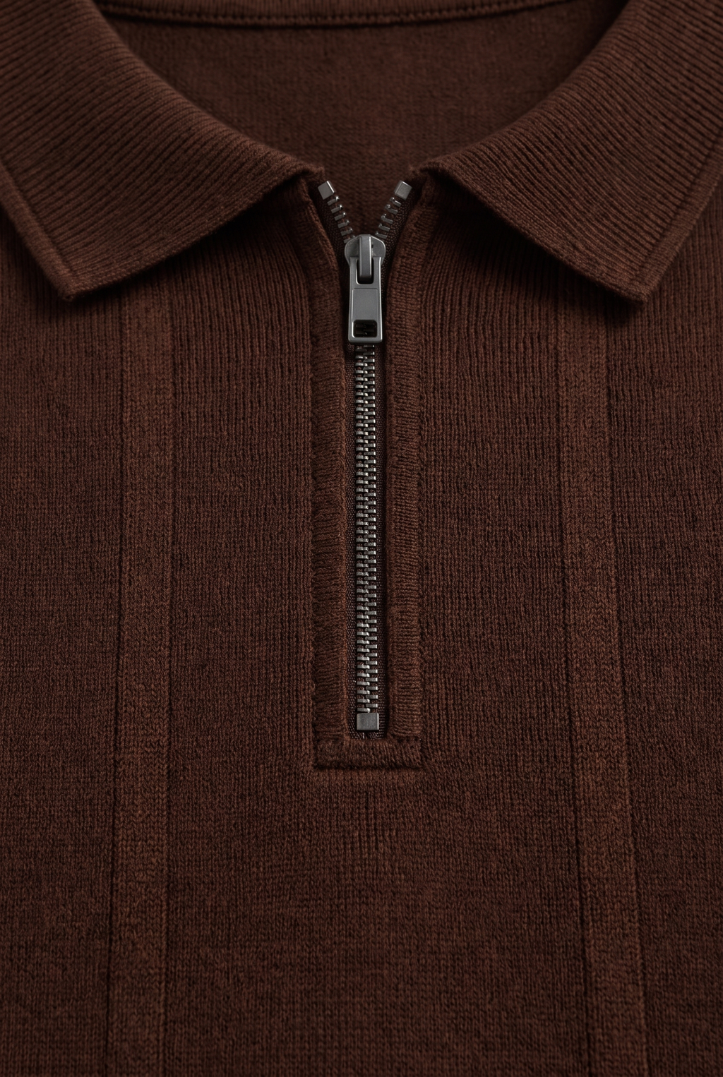 Textured Zip Knit Polo – Chocolate Brown — collar and zip detail
