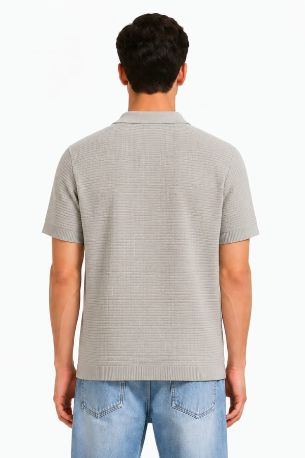 Waffle Textured Zip Knit Polo – Cool Grey — model back