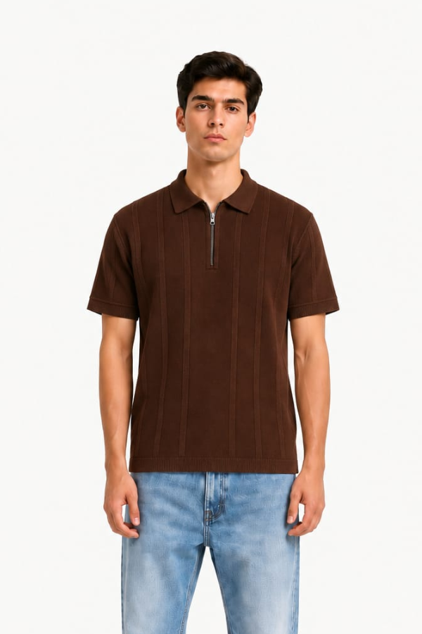 Textured Zip Knit Polo – Chocolate Brown — model front