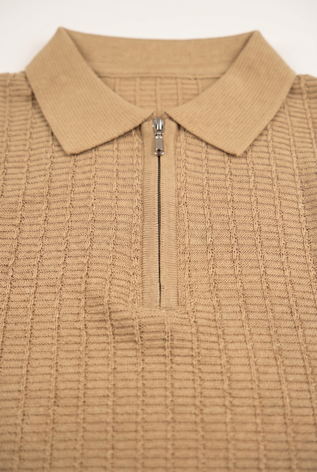 Camel Ribbed Zip Knit Polo — collar and zip detail