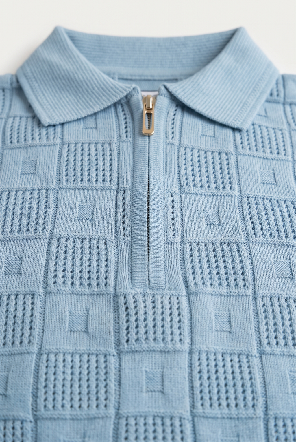 Knitted Polo T Shirt - Light Blue — collar and zip detail