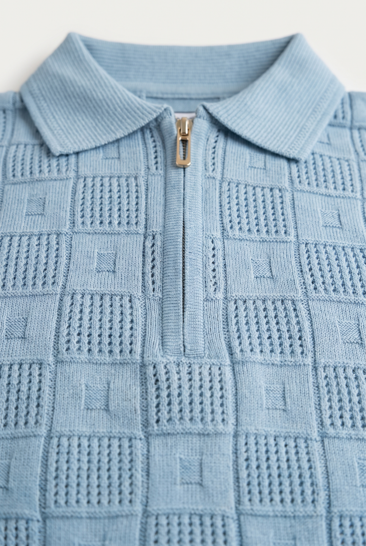 Knitted Polo T Shirt - Light Blue — collar and zip detail