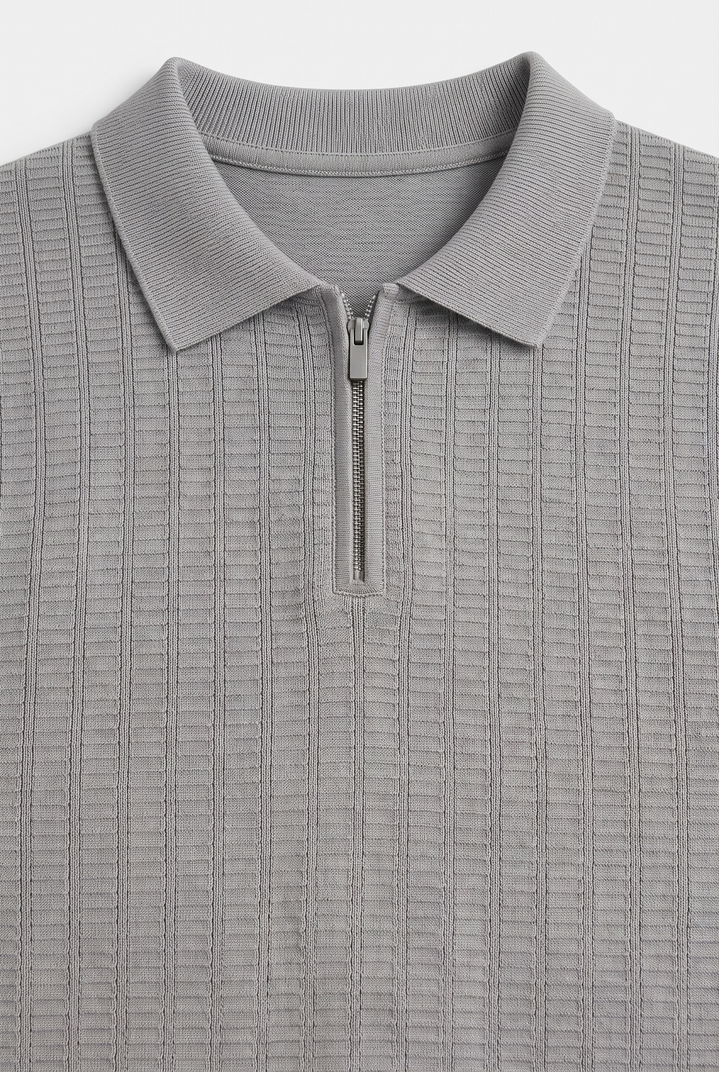 Waffle Textured Zip Knit Polo – Cool Grey — collar and zip detail