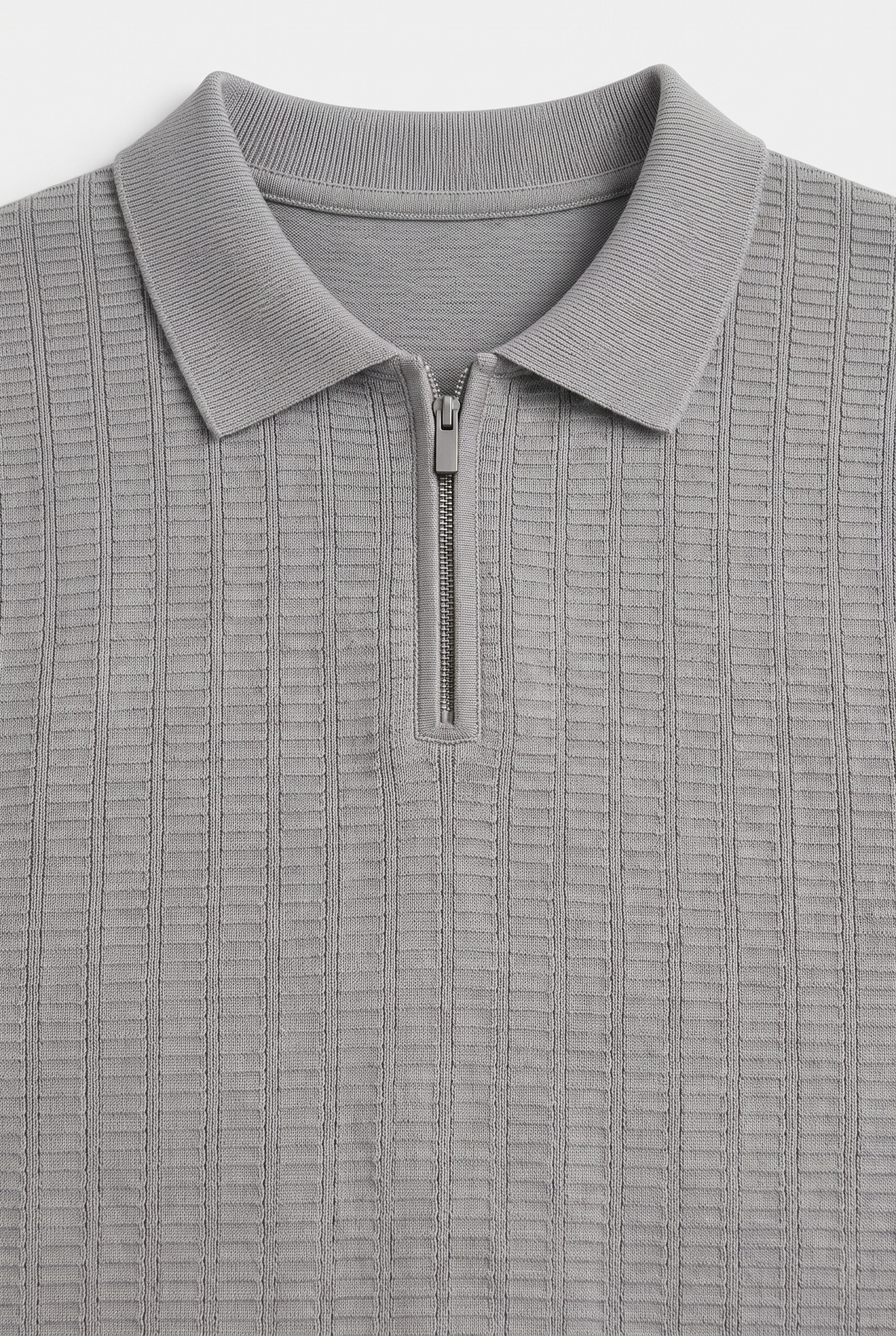 Waffle Textured Zip Knit Polo – Cool Grey — collar and zip detail