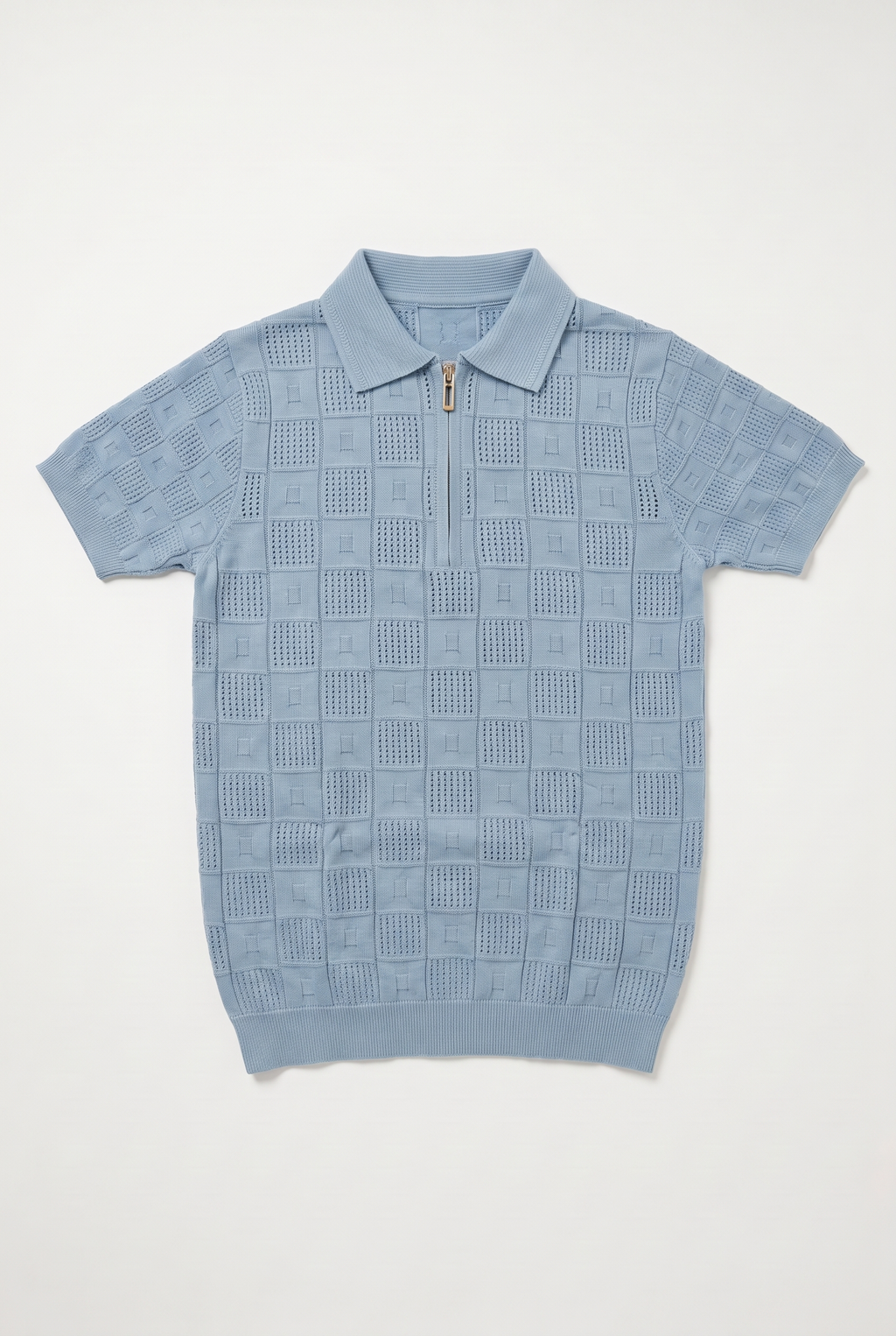 Knitted Polo T Shirt - Light Blue — front lay-flat