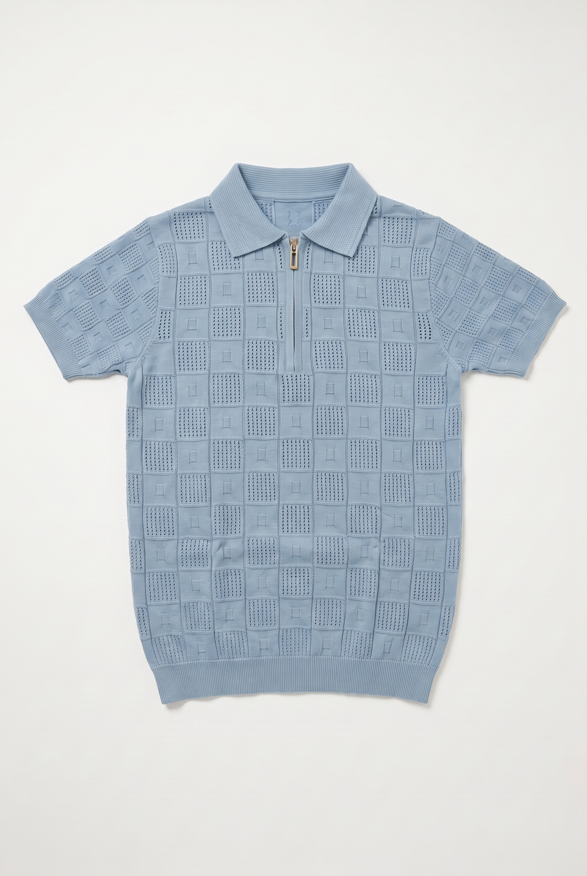 Knitted Polo T Shirt - Light Blue — front lay-flat