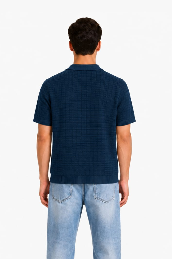 Navy Blue Textured Zip Knit Polo — model back