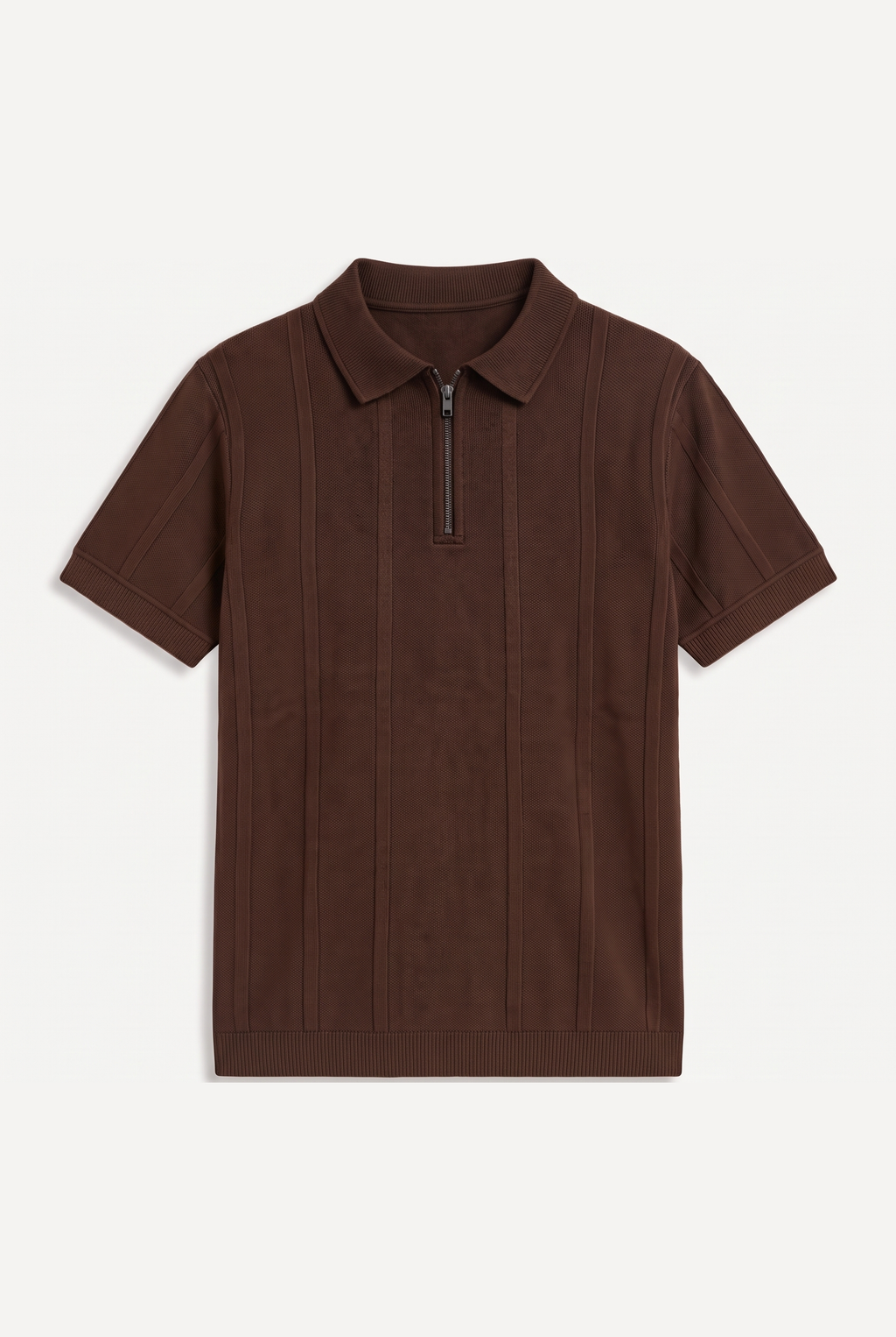 Textured Zip Knit Polo – Chocolate Brown — front lay-flat