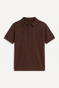 Textured Zip Knit Polo – Chocolate Brown — front lay-flat