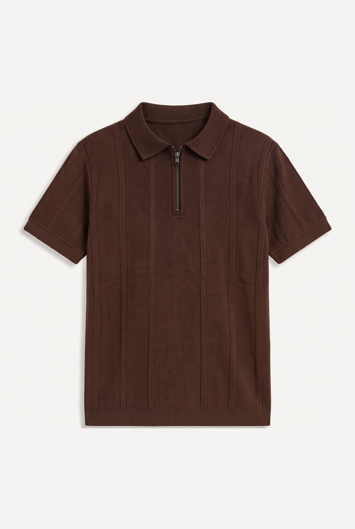 Textured Zip Knit Polo – Chocolate Brown — front lay-flat
