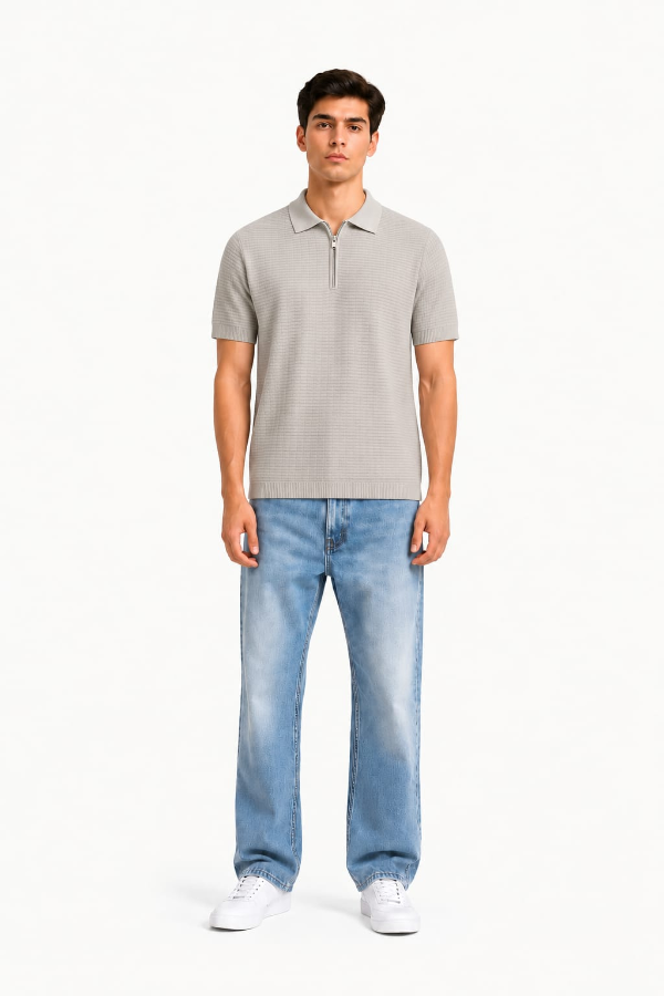 Waffle Textured Zip Knit Polo – Cool Grey — model full body