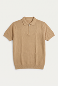 Camel Ribbed Zip Knit Polo — front lay-flat