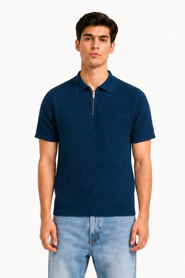 Navy Blue Textured Zip Knit Polo — model front