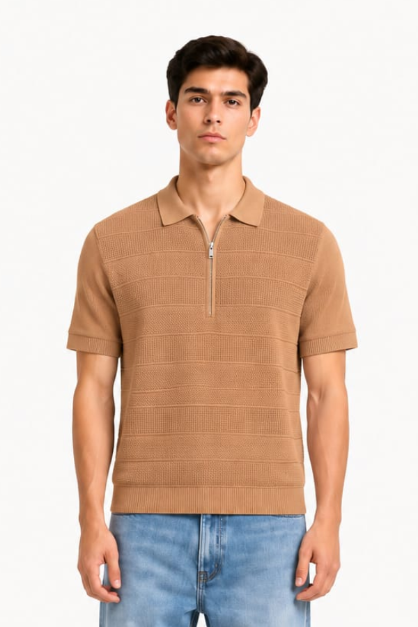 Camel Ribbed Zip Knit Polo — model front