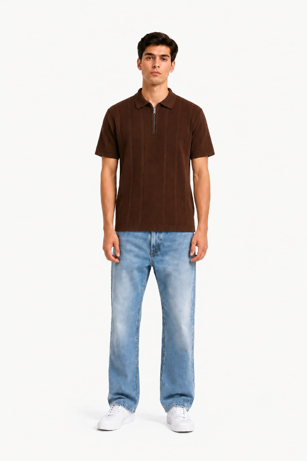 Textured Zip Knit Polo – Chocolate Brown — model full body