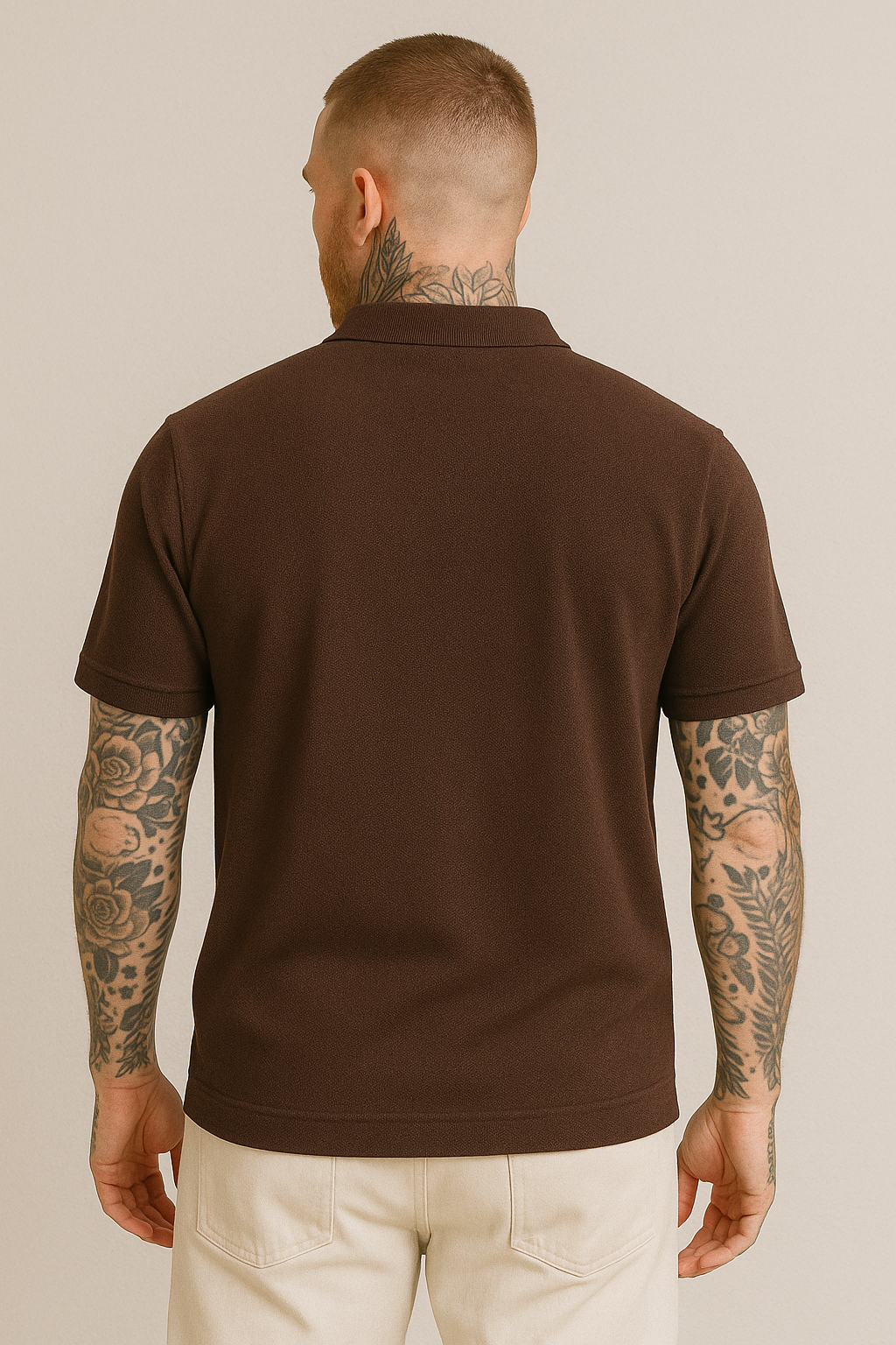 Textured Knit Polo Shirt with Zip Collar – Chocolate Brown