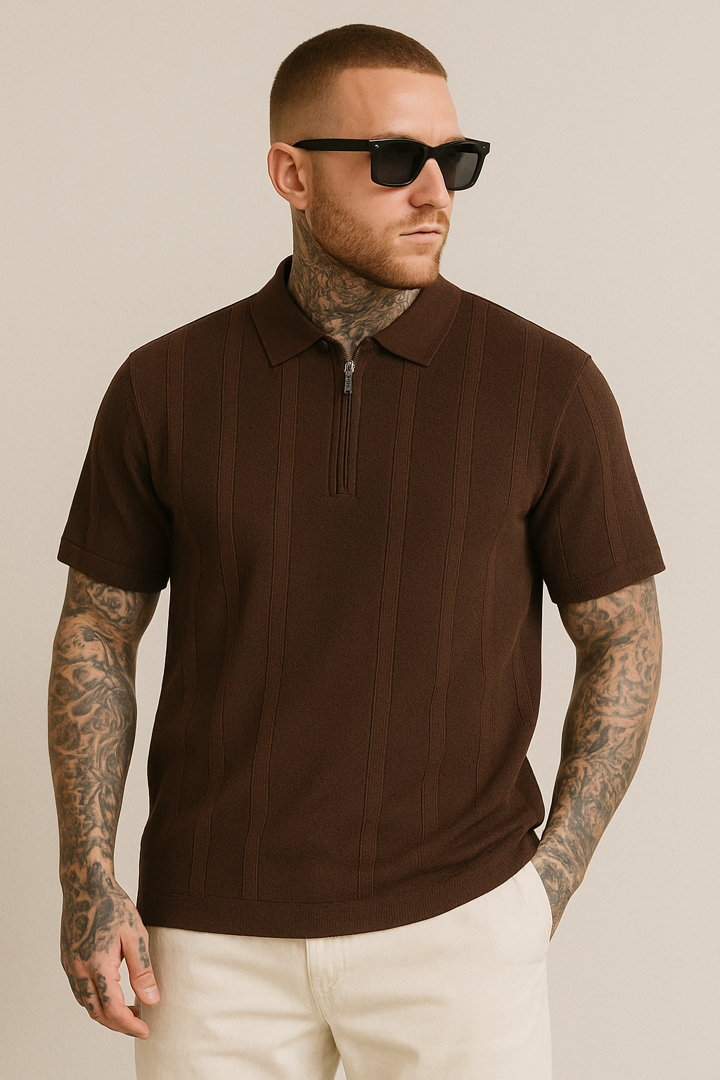 Textured Knit Polo Shirt with Zip Collar – Chocolate Brown