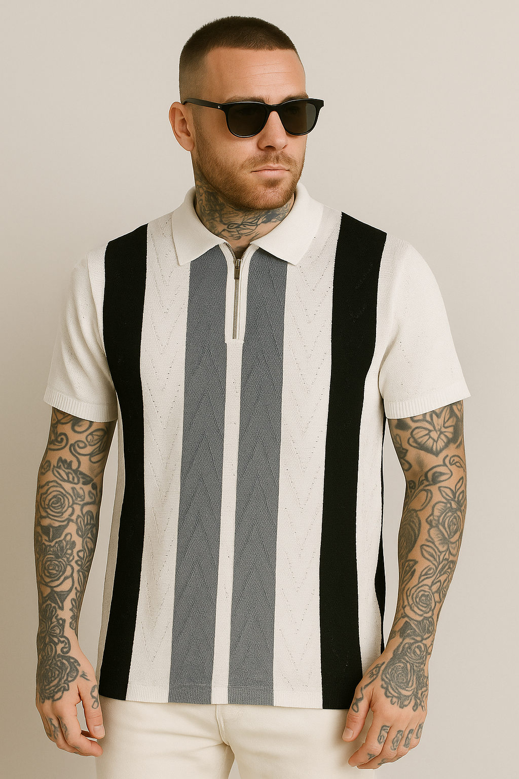 Monochrome Vertical Stripe Knit Zip Polo Shirt