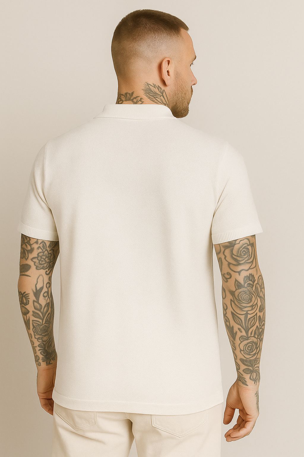 Monochrome Vertical Stripe Knit Zip Polo Shirt