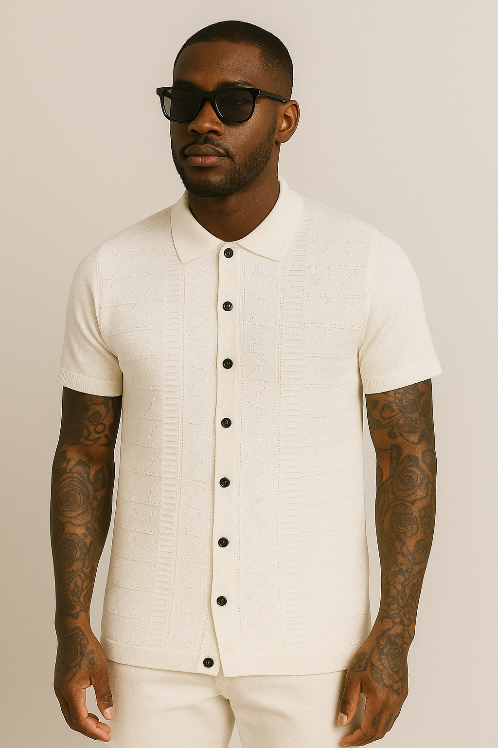 Cream Textured Knit Button-Up Polo Shirt
