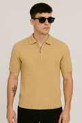 Camel Ribbed Zip Knit Polo