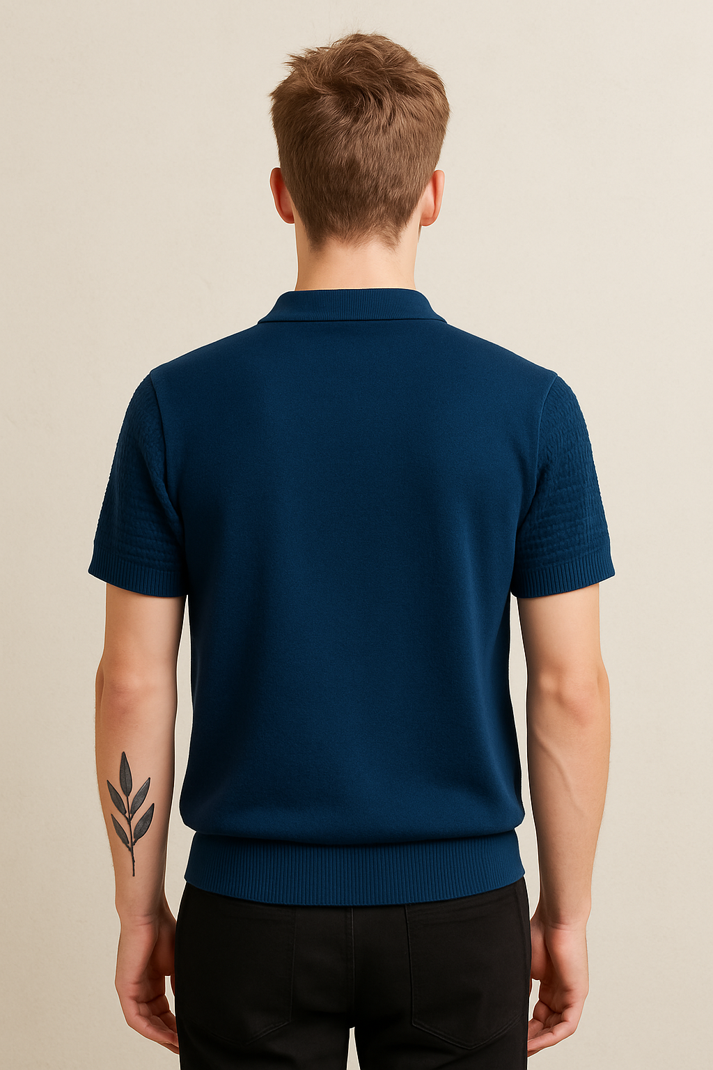 Navy Blue Textured Zip Knit Polo Shirt