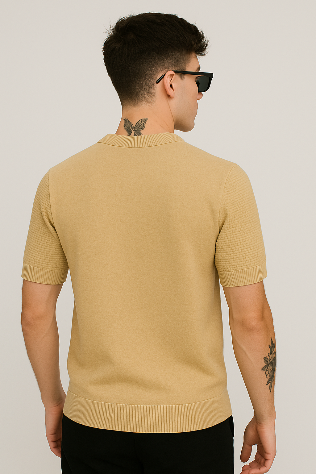 Camel Ribbed Zip Knit Polo Shirt