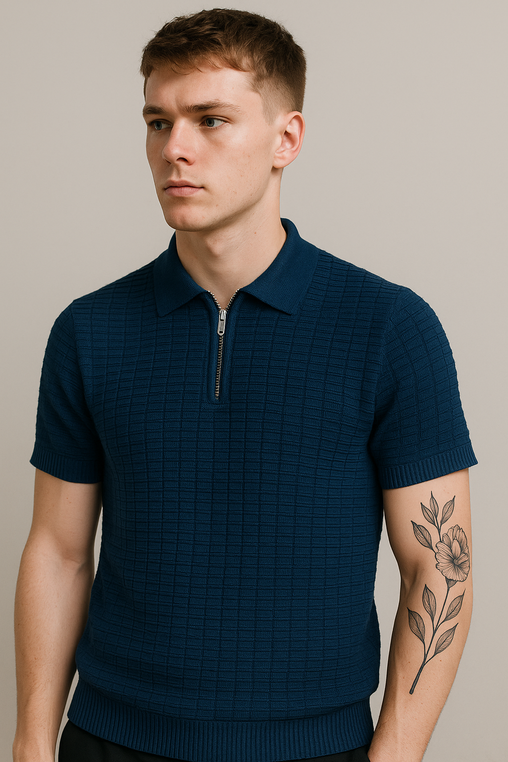 Navy Blue Textured Zip Knit Polo Shirt