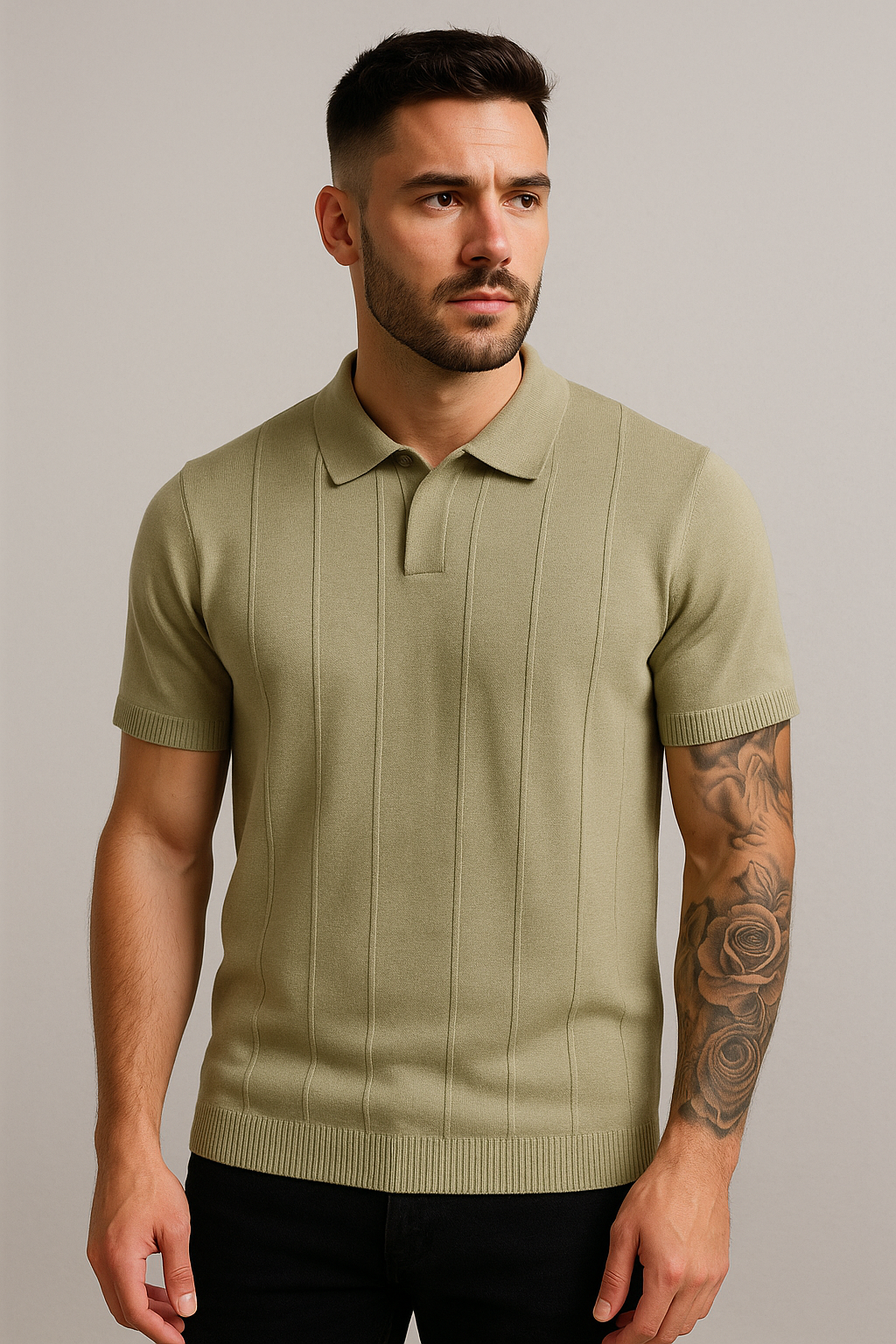 Olive Green Vertical Ribbed Knit Polo