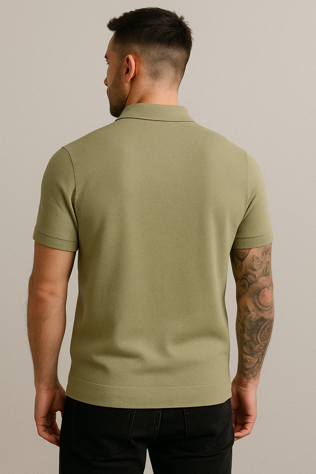 Olive Green Vertical Ribbed Knit Polo