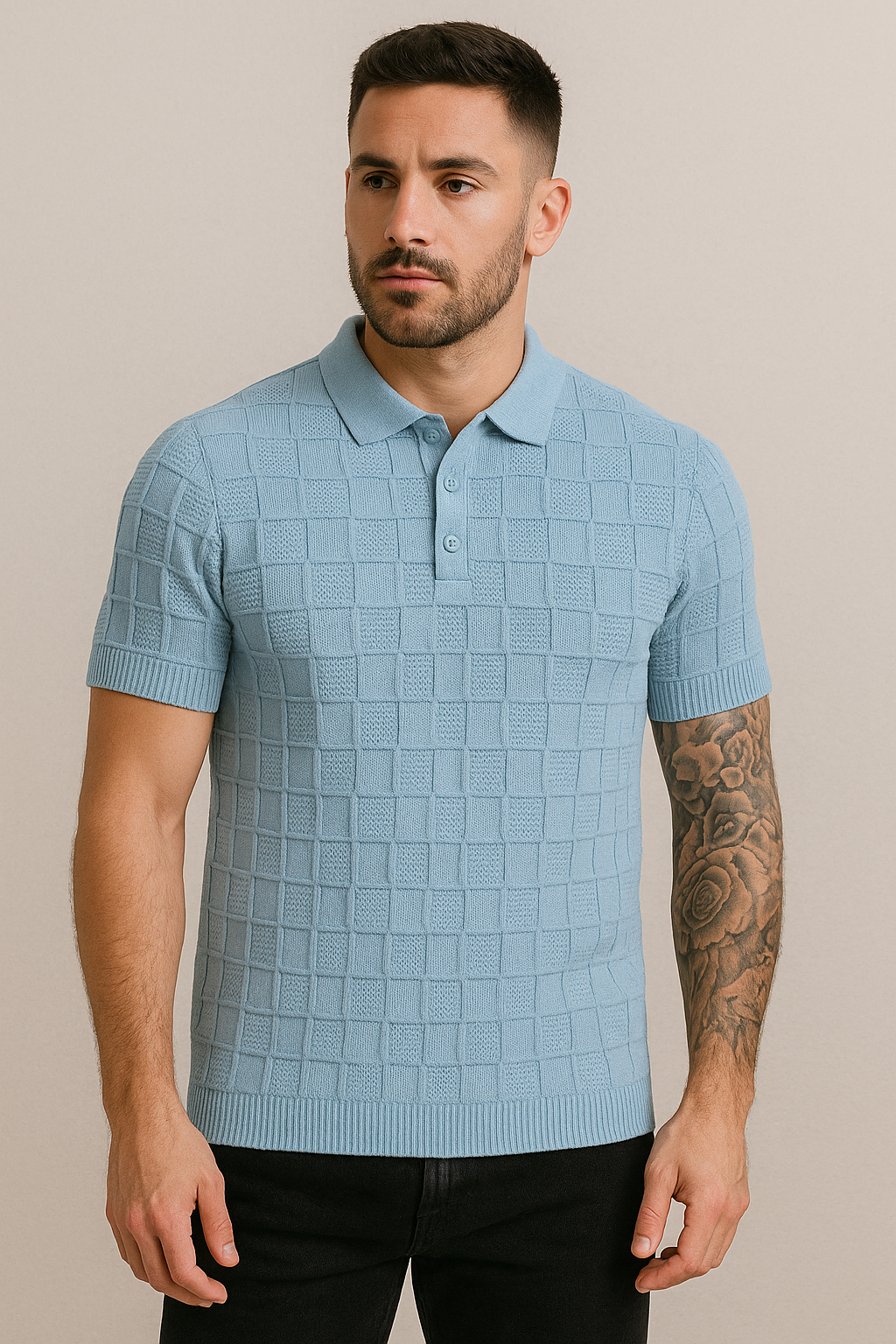 Sky Blue Waffle-Texture Knit Polo