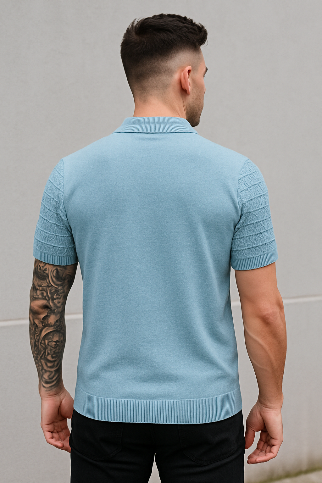 Sky Blue Waffle-Texture Knit Polo