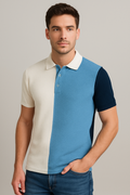 Colorblock Textured Knit Polo – Ivory & Blues