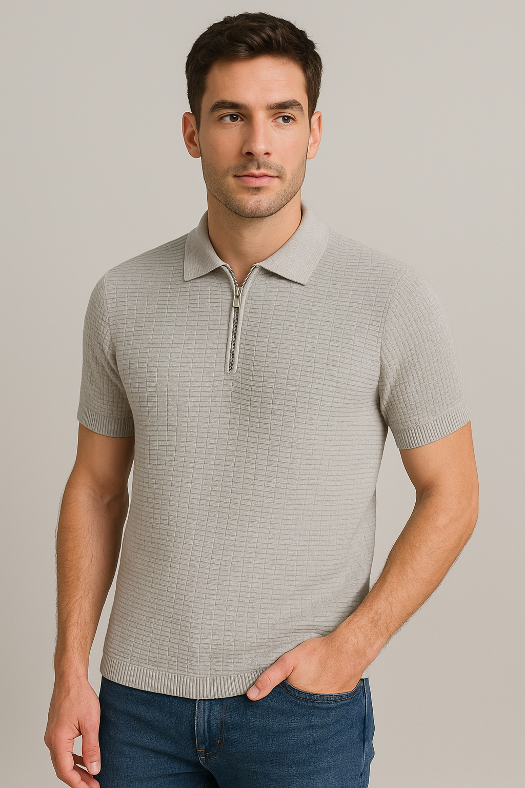 Waffle Textured Zip knit Polo – Cool Grey