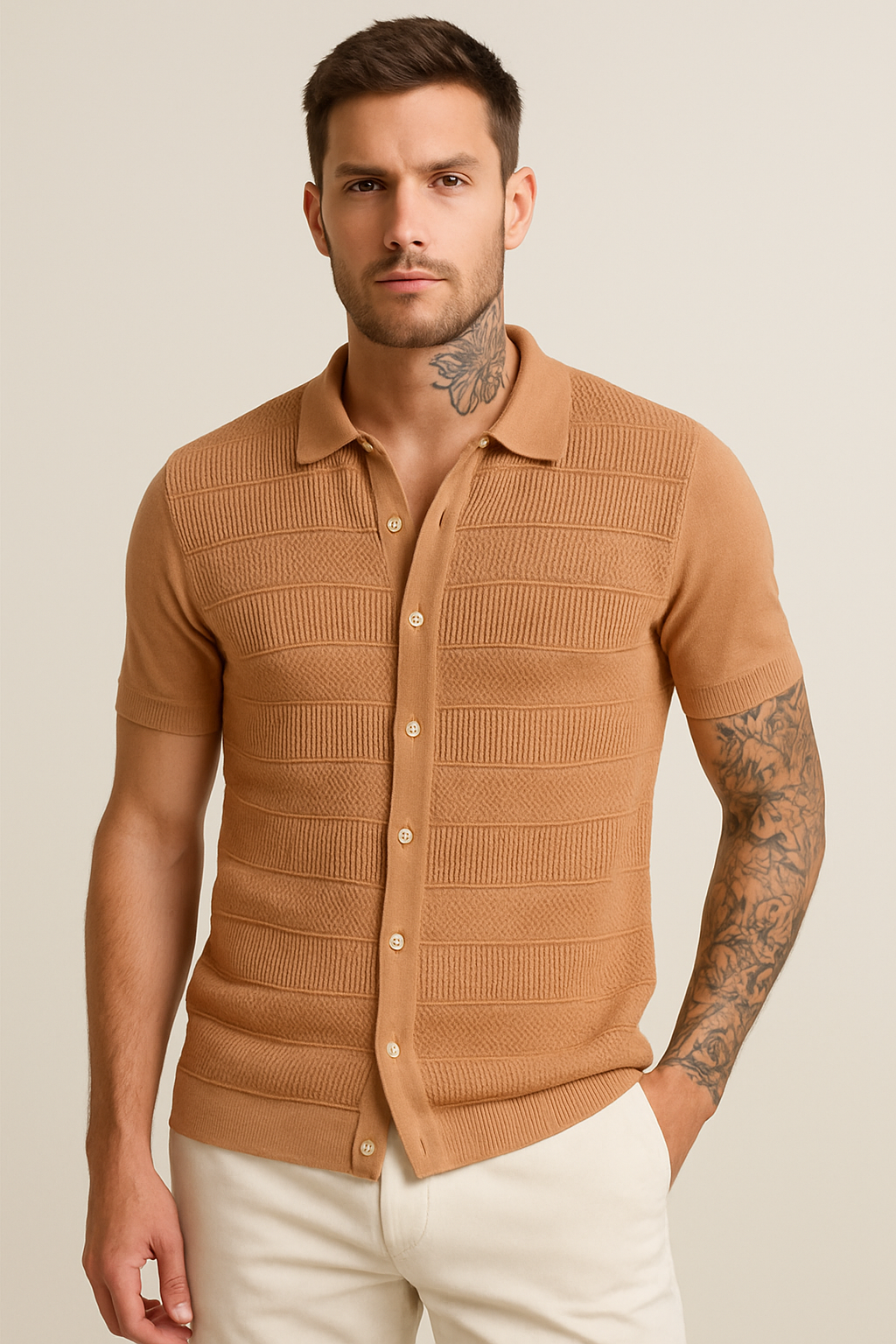Textured Knit Button-Up Polo – Camel Brown