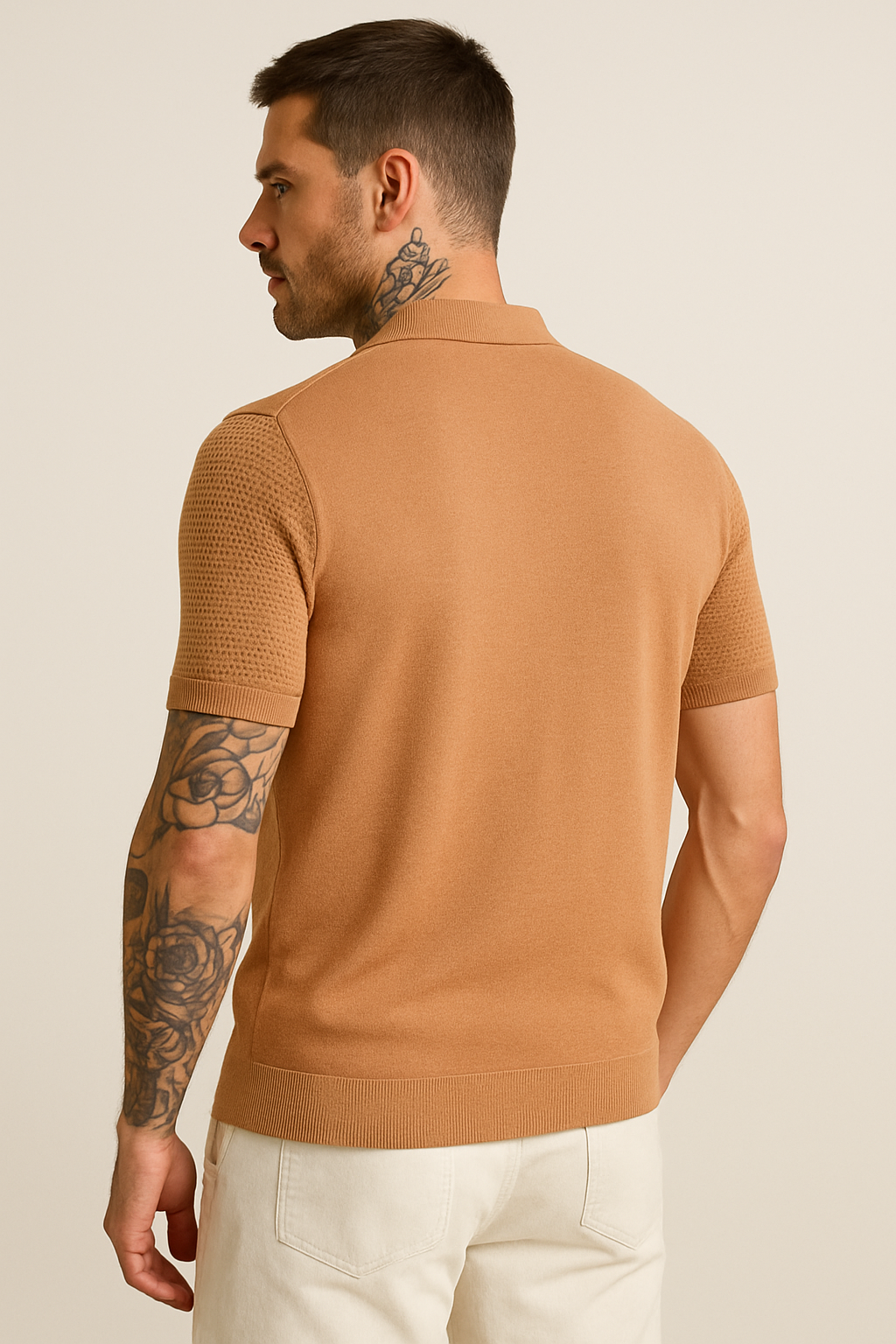 Textured Knit Button-Up Polo – Camel Brown