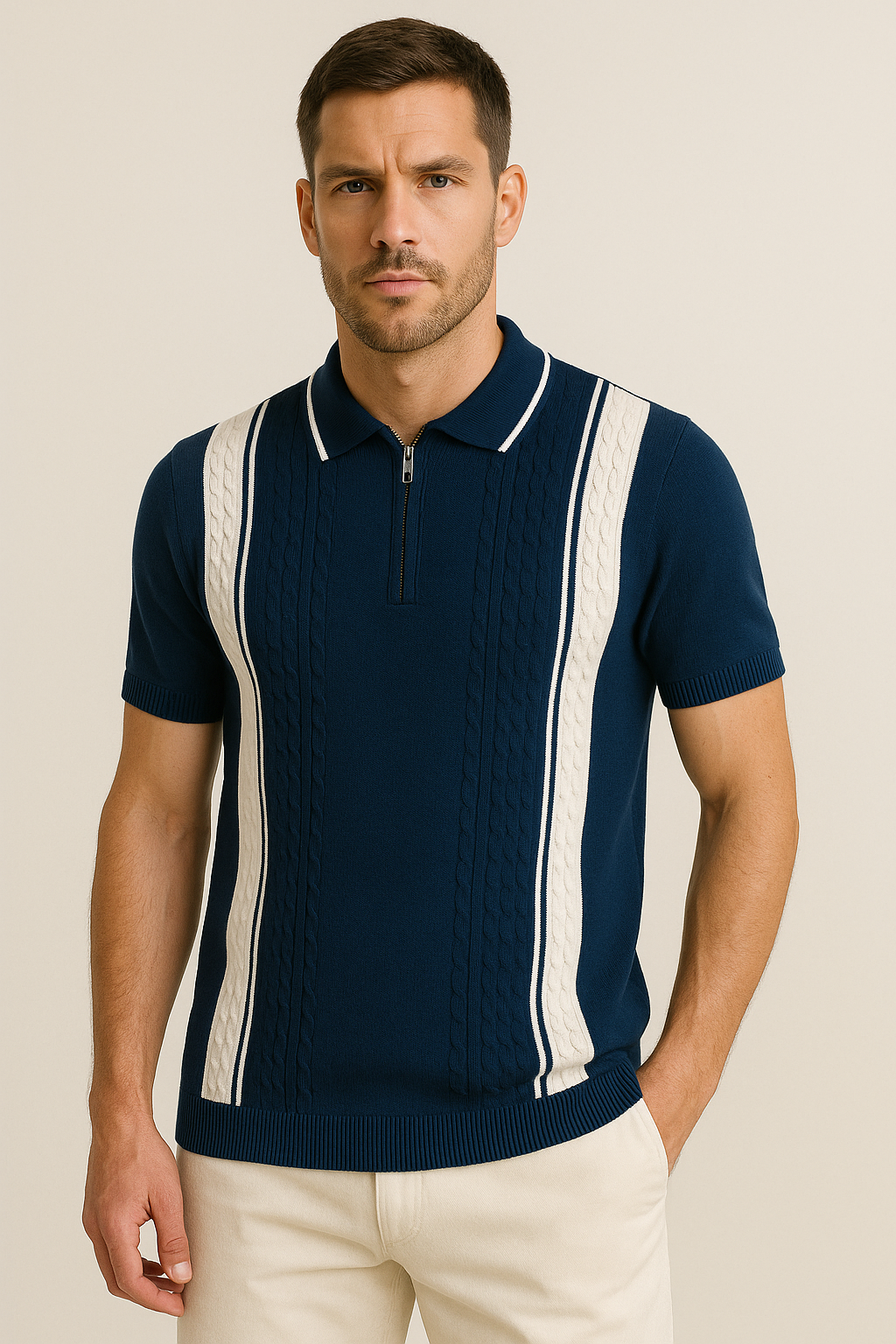 Retro-Inspired Navy Knit Polo Shirt with Contrast Panels