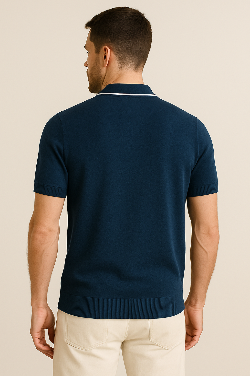 Retro-Inspired Navy Knit Polo Shirt with Contrast Panels