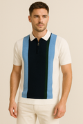 Colorblock Zip Knit Polo – Ivory, Navy, Blue & Green
