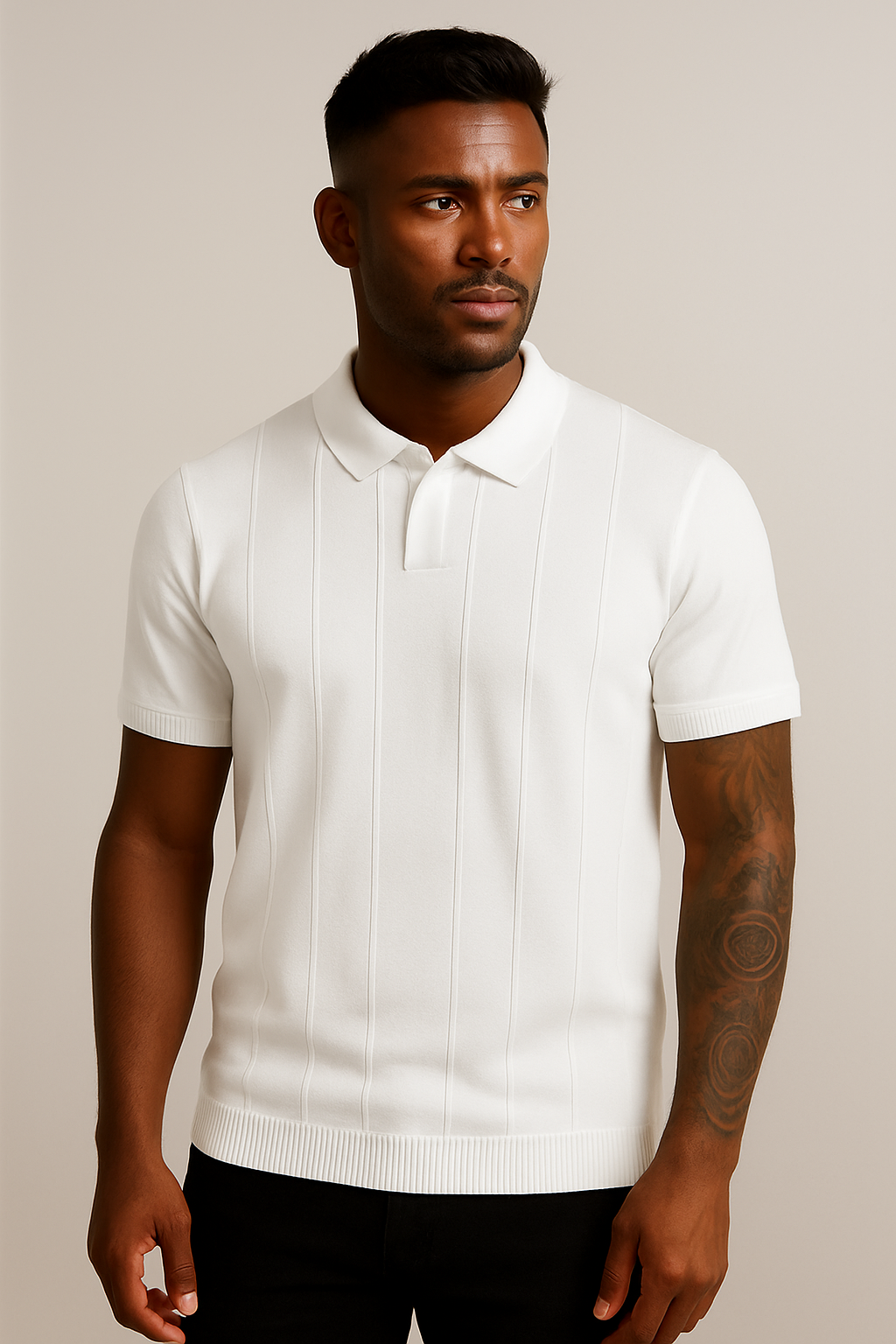 Classic White Textured Knit Polo Shirt