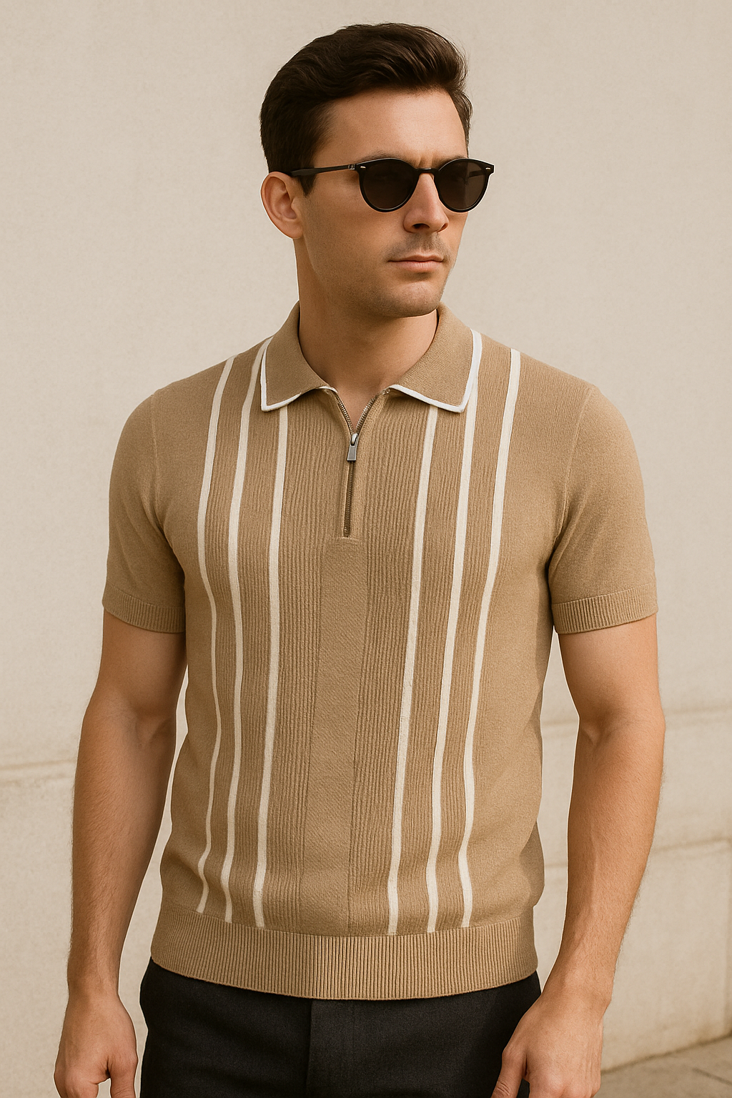 Havana Zip Knit Polo - Sandstone Beige