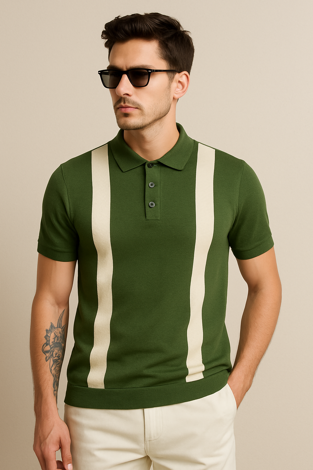 Retro Stride Knit Polo - Olive Cream