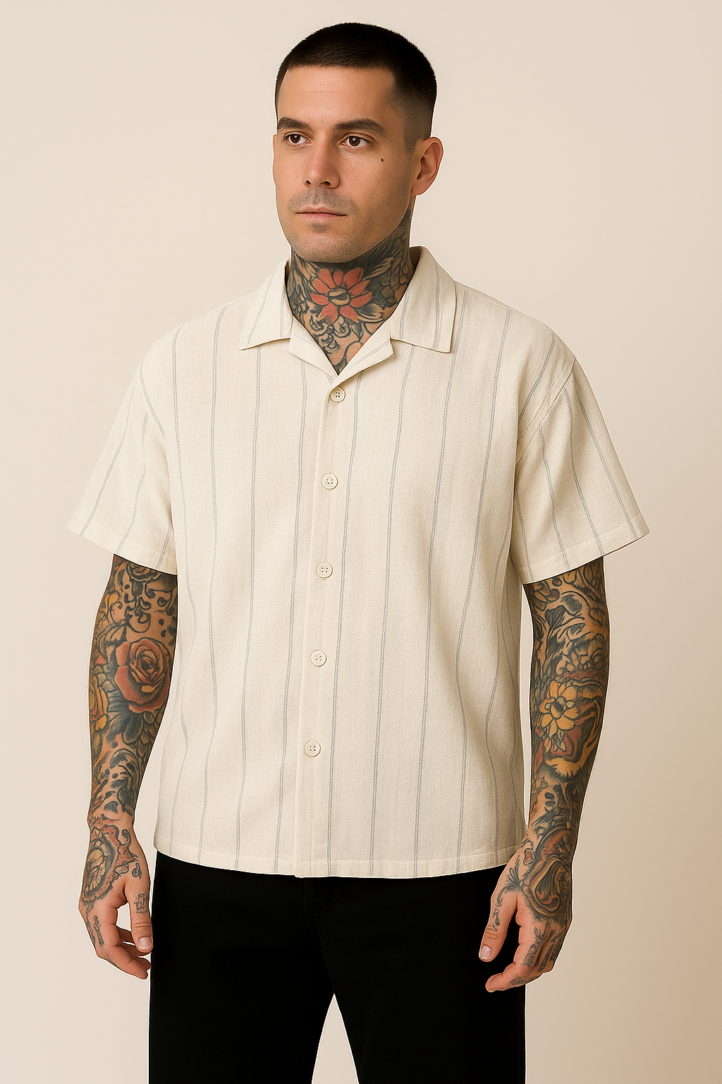 Ivory Pinstripe Cuban Collar Shirt