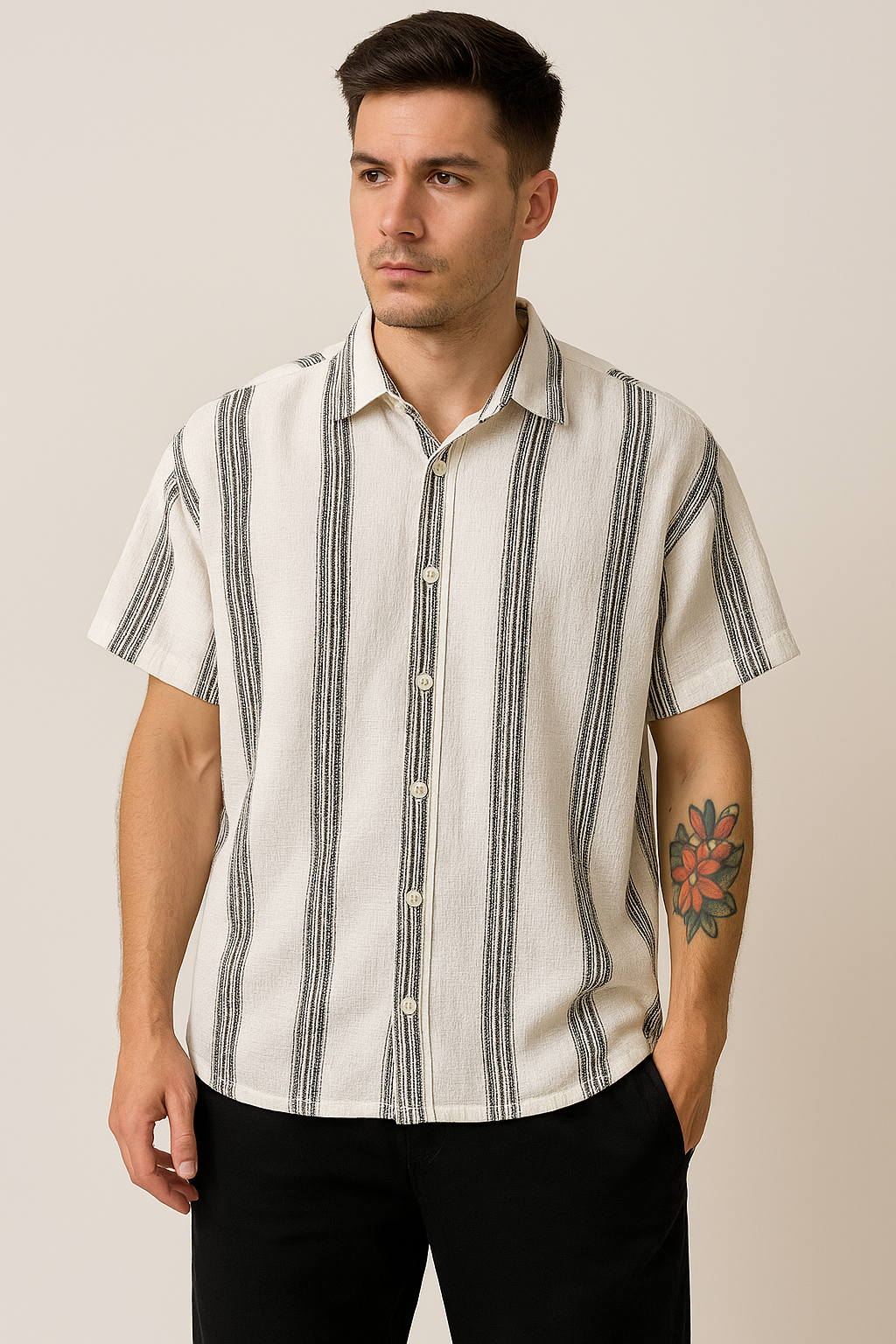 Monochrome Vertical Stripe Textured Shirt