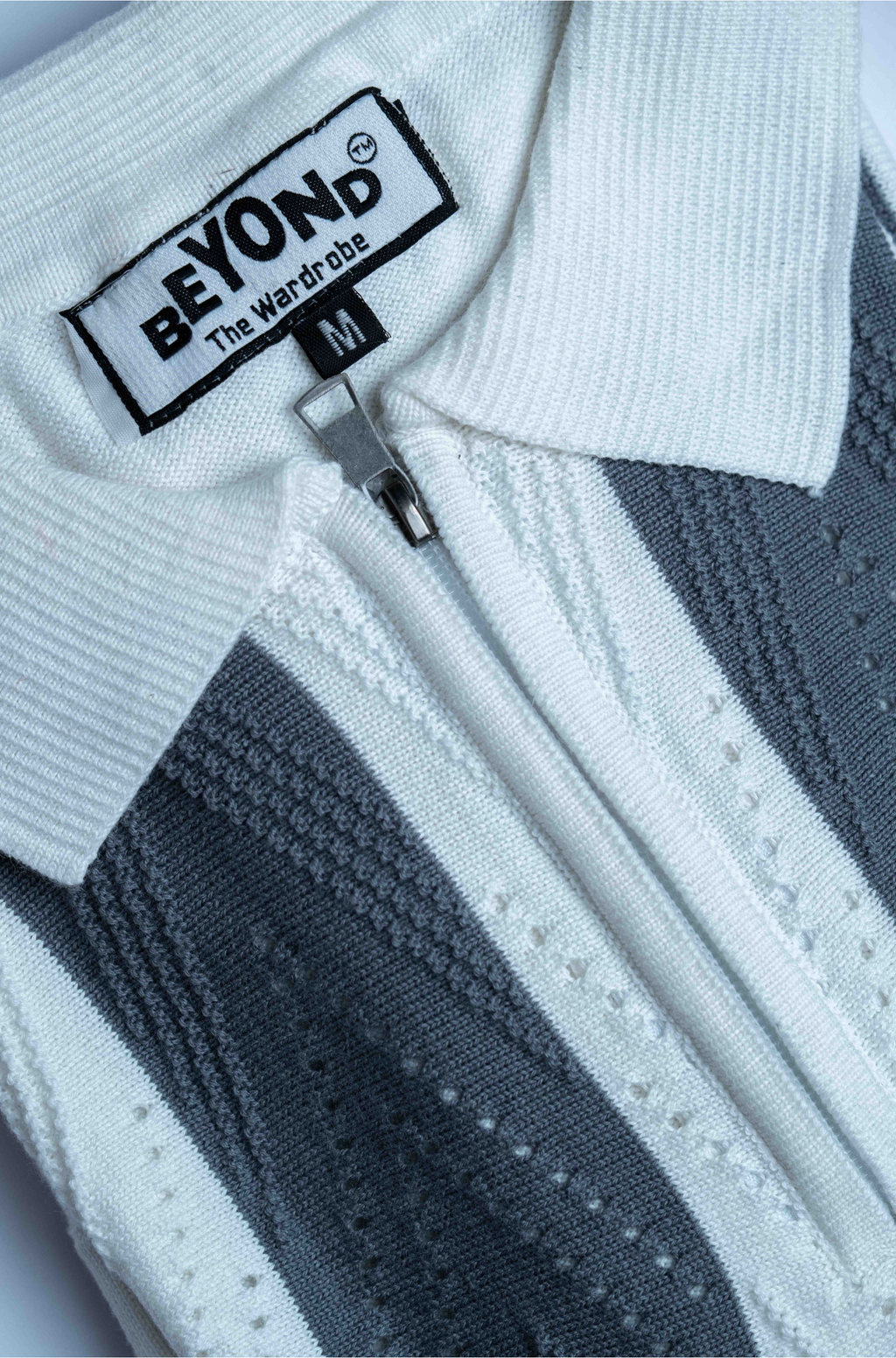 Monochrome Vertical Stripe Knit Zip Polo Shirt