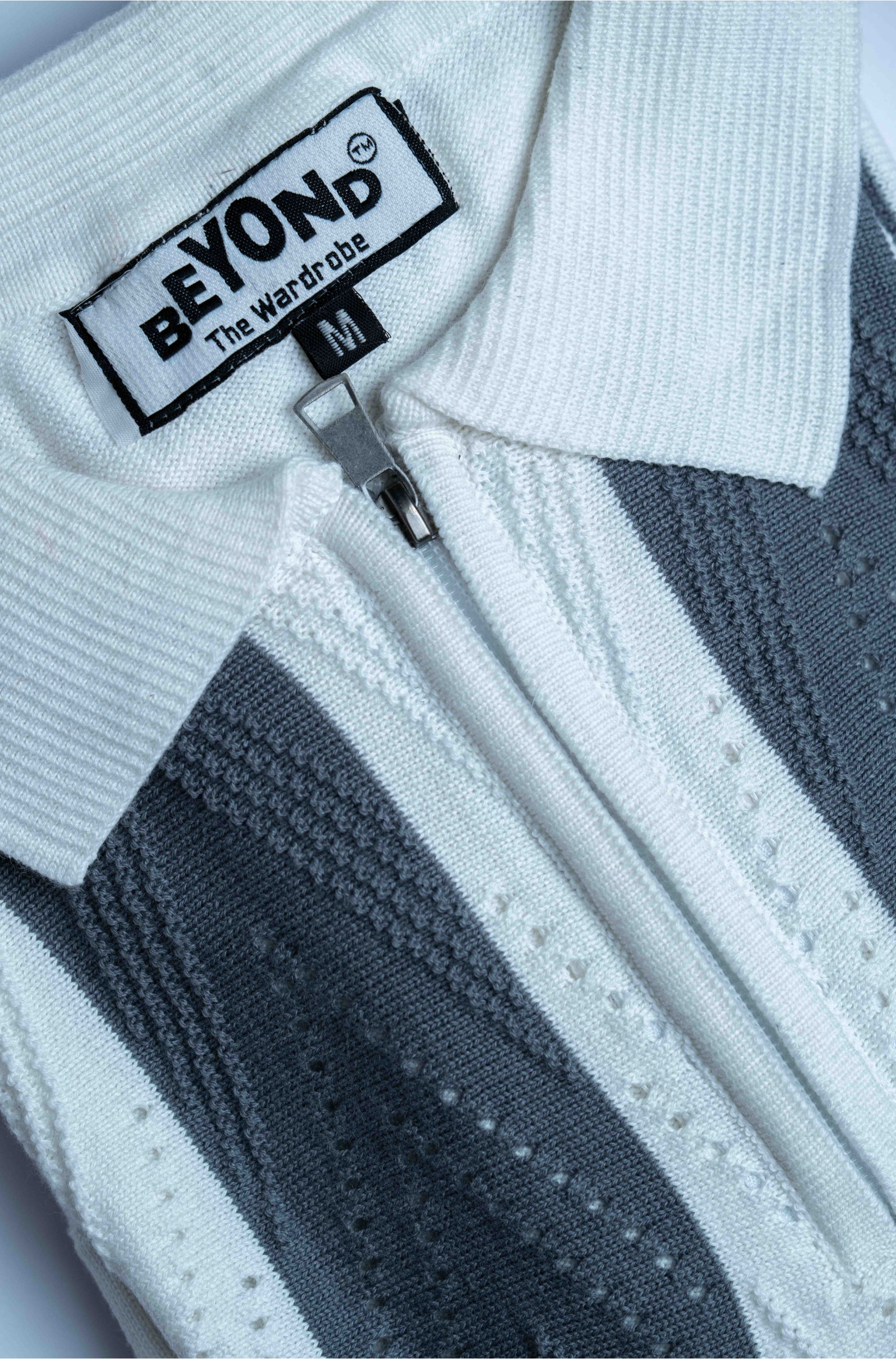 Monochrome Vertical Stripe Knit Zip Polo Shirt